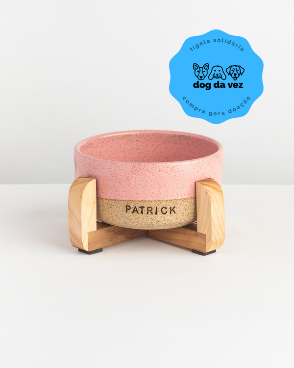 [PERSONALIZADO] Tigela solidária pet grande de cerâmica rosa com suporte Lavanda