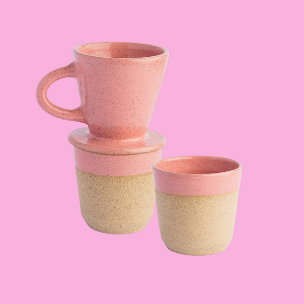 Conjunto individual para café + copo rosa